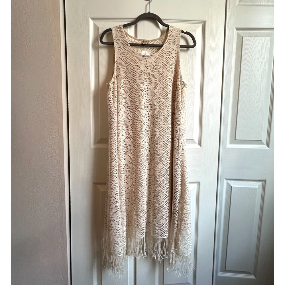One World Womens Small Crochet Fringe Sleeveless Dress Cream Lined Festival Boho